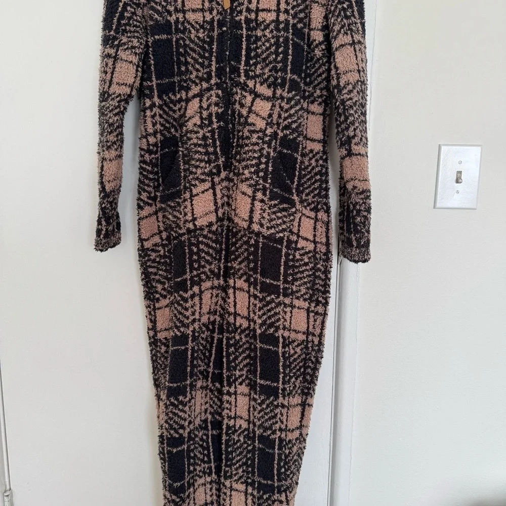 Skims Cozy Knit Jumpsuit Black Tan Houndstooth Hooded Loungewear Comfy Sz Medium